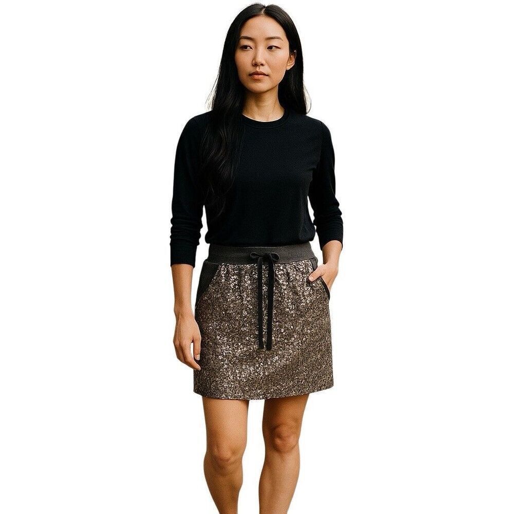 Ann Taylor Silver Sequins Mini Skirt Elastic Waist Charcoal Gray Size Small